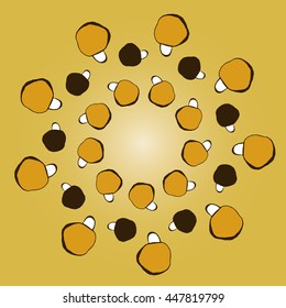Delicious fresh mushrooms collected in a circular pattern on beige background Vector. Illustration.