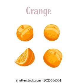 Delicious fresh oranges, whole and sliced fruits. Healthy nutrition product. Vector hand drawn flat isolated illustration with dry brush texture and hand written lettering for your design.