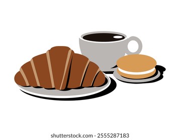 Delicious and fresh pastry with croissant, steaming coffee cup, minimalist vector illustration, perfect for bakery, cafe, restaurant branding, logo design, and food packaging.