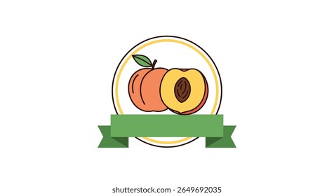 A delicious fresh peach cut in half showing its juicy interior and pit surrounded by a circle and a ribbon below for text an ideal representation of fruit nature and healthy eating choices