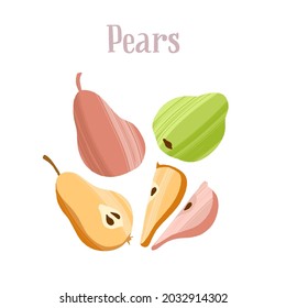 Delicious fresh pears, different colors, whole and sliced fruits. Healthy nutrition product. Vector hand drawn flat isolated illustration with dry brush texture and hand written lettering for design.