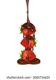 Deliciosa fresa roja fresca con chocolate líquido. Aperitivo para la comida de postre aislado de fondo blanco. Ilustración vectorial 3D realista.