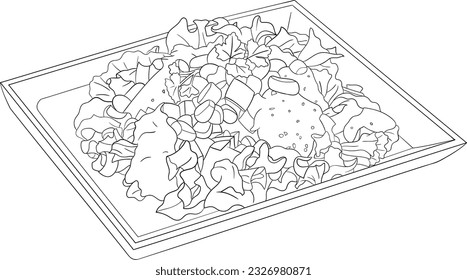 Delicious Fresh Salad with Sweet Corn, Onion and Lettuce Black and White Vector Line Art Illustration