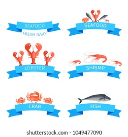 Delicious fresh seafood promotional emblems. Huge lobster, king shrimp, oceanic crab and tasty fish. Seafood promotion isolated vector illustrations.