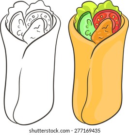 Delicious fresh shawarma with chicken, tomato, cucumber and cabbage salad. Isolated set