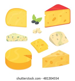 Delicious fresh sliced cheese variety icon. cheeses plate flat set isolated vector illustration. 