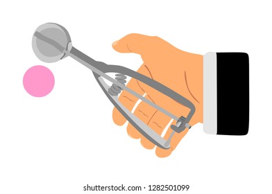 Delicious fresh strawberry ice cream scoop, claw in the waiter's hand vector.  ice cream scooped out of container. Summer tasty sweet meal.