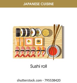 Delicious fresh sushi rolls on tray from Japanese cuisine