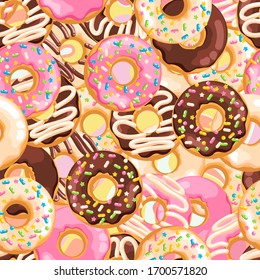 Delicious fresh sweet donut from a pastry bakery. Dessert coated with colored glaze. High-calorie pink strawberry, chocolate brown, white vanilla sweet snack. Seamless background