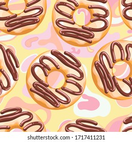 Delicious fresh sweet donut from a pastry bakery. Dessert coated with colored glaze. High-calorie white vanilla sweet snack. Seamless background with pattern.