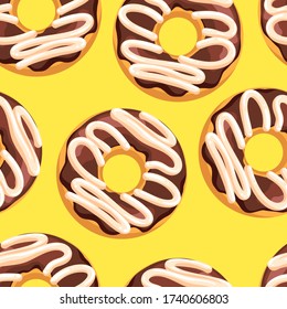 Delicious fresh sweet donut from a pastry bakery. Dessert coated with colored glaze. High-calorie chocolate brown sweet snack. Seamless background with pattern.