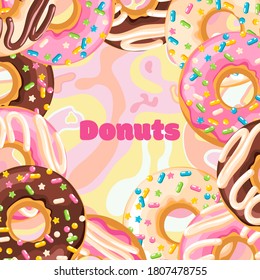 Delicious fresh sweet donut from a pastry bakery. Dessert coated with colored glaze. High-calorie pink strawberry, chocolate brown, white vanilla, simple uncoated sweet snack. Background with pattern.