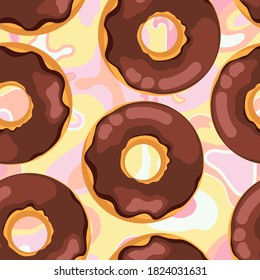 Delicious fresh sweet donut from a pastry bakery. Dessert coated with colored glaze. High-calorie chocolate brown sweet snack. Seamless background with pattern.