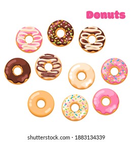 Delicious fresh sweet donut from a pastry bakery. Dessert coated with colored glaze. High-calorie pink strawberry, chocolate brown, white vanilla, simple uncoated sweet snack. Isolated clipart set 