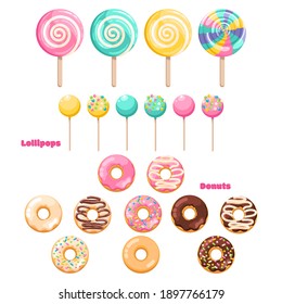 Delicious Fresh Sweet Donut From A Pastry Bakery. Snack. Bright Colored Lollipop. Sweet Dessert For Kids. Candy On A Stick. Isolated Clipart Set On White Background.