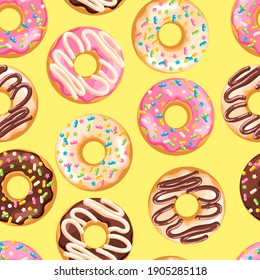 Delicious fresh sweet donut from a pastry bakery. Dessert coated with colored glaze. High-calorie pink strawberry, chocolate brown, white vanilla sweet snack. Seamless background with pattern.