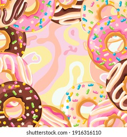 Delicious fresh sweet donut from a pastry bakery. Dessert coated with colored glaze. High-calorie pink strawberry, chocolate brown, white vanilla sweet snack. Pastel background with pattern.