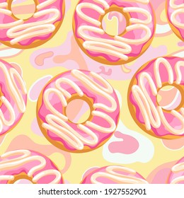 Delicious fresh sweet donut from a pastry bakery. Dessert coated with colored glaze. High-calorie pink strawberry sweet snack. Seamless background with pattern.