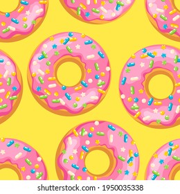 Delicious fresh sweet donut from a pastry bakery. Dessert coated with colored glaze. High-calorie pink strawberry sweet snack. Seamless background with pattern.