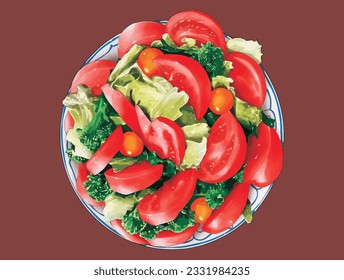 Delicious Fresh Vegetable Salad Cartoon Style Design Isolated Vector Illustration