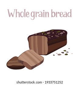 Delicious freshly whole grain bread. Carbohydrates for healthy nutrition. Vector hand drawn flat isolated illustration with dry brush texture and hand written lettering for your design.