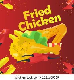 Delicious fried chicken ad with a hot chili and french fries background