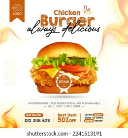 Delicious fried chicken burger in 3d illustration social media