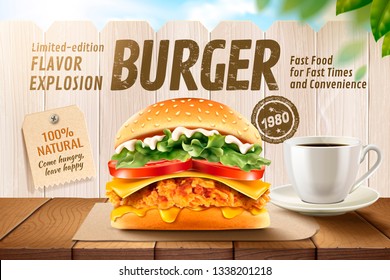 Delicious fried chicken burger ads with coffee on wooden table and white fence in 3d illustration