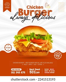 Delicious fried chicken burger ads in 3d illustration