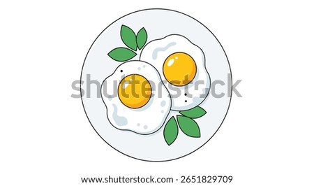 Delicious fried eggs with fresh green garnish on a white plate delicious breakfast food illustration