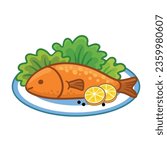 Delicious fried fish with herbs, lemon on a white plate. Vector illustration food in cartoon style.