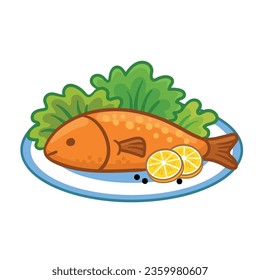 Delicioso pescado frito con hierbas, limón sobre un plato blanco. Comida de ilustración vectorial al estilo de las caricaturas.