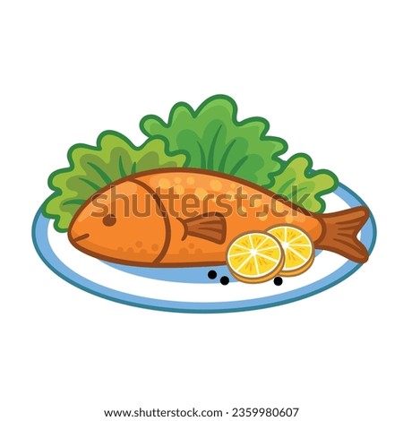 Delicious fried fish with herbs, lemon on a white plate. Vector illustration food in cartoon style.