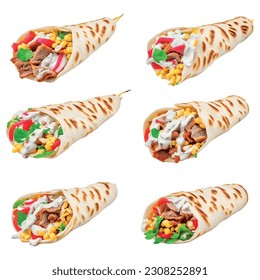 Delicious fried meat chunks shawarma with different fillings wrapped in pita bread kebab isolated on white background 3D for restaurant menu: Kobe beef, jicama, dragon fruit, Monterey Jack cheese 