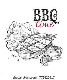 Delicious fried meat steak isolated on white background. Vector illustration
