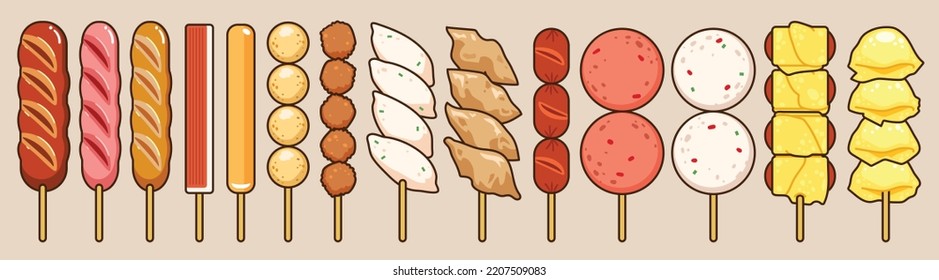 Delicious fried sausage and meatballs wood skewers menu collection: "Luk Chin Tood" Thai street food icon vector illustration flat design drawing.