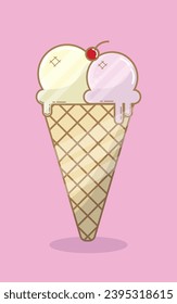 Delicious Frozen Dessert in Ice Cream Cone. Delicious ice cream cone, frozen dessert, sweet snack. illustration vector of ice cream