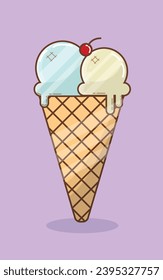Delicious Frozen Dessert in Ice Cream Cone. Delicious ice cream cone, frozen dessert, sweet snack. illustration vector of ice cream