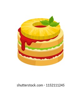Delicious fruit dessert decorated with round slice of pineapple and green mint leaves. Flat vector for cafe or restaurant menu