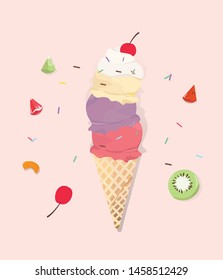 Delicious fruit ice cream cone