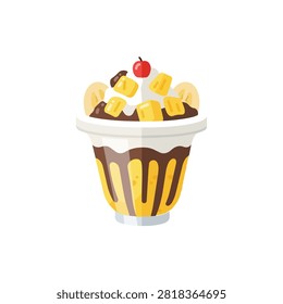 Delicious Fruit Ice Cream Sundae with Chocolate Sauce Whipped Cream Mango Banana and Cherry on Top