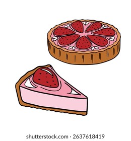 Delicious fruit piece of pie dessert pastry with berries and whipped cream. Sweet treat goods bakery culinary. Super tasty creamy tart pie. Baked snack outline art