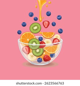 A delicious fruit salad with blueberries,kiwi,orange,strawberries,and banana is drizzled with honey on a pink background.