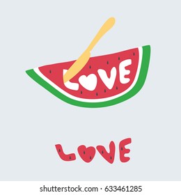 delicious fruits illustration. close-up on beautiful simple tasty Fresh juicy watermelon slice with love letters word & knife vector flat design. 