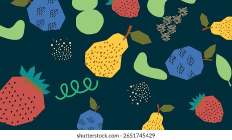 Delicious fruits like strawberries, pears, and blueberries on a deep navy blue. Fun and exotic hand-drawn fruit mix with dotted textures, ideal for fresh and modern aesthetics. Fruity blue background.