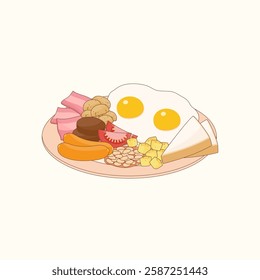 delicious full english breakfast included egg bacon sausage mushroom potato tomato bean black pudding and bread, vector illustration