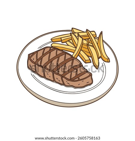 A delicious full-body vector illustration of Steak Frites, a classic French dish, presented on a white background. Perfect for food-related designs, menus, and culinary projects.