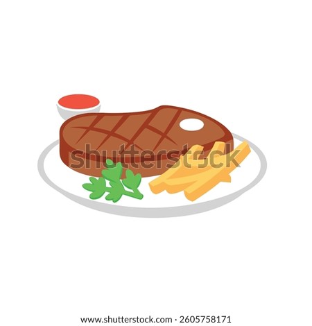 A delicious full-body vector illustration of Steak Frites, a classic French dish, presented on a white background. Perfect for food-related designs, menus, and culinary projects.
