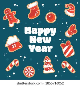 Delicious gingerbread, Christmas or New Year's winter food. The figurines are decorated with sugar glaze. Festive set of cookies. Vector illustration of a happy new year.