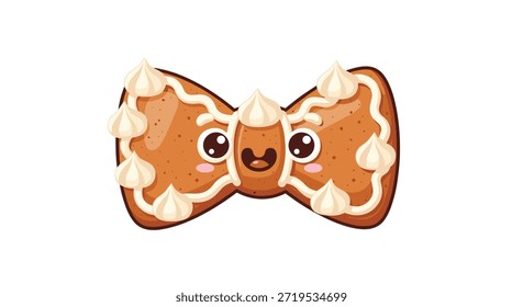 Delicious gingerbread cookie in the shape of a bow tie decorated with white icing dollops and a cute smiling face for a holiday treat.